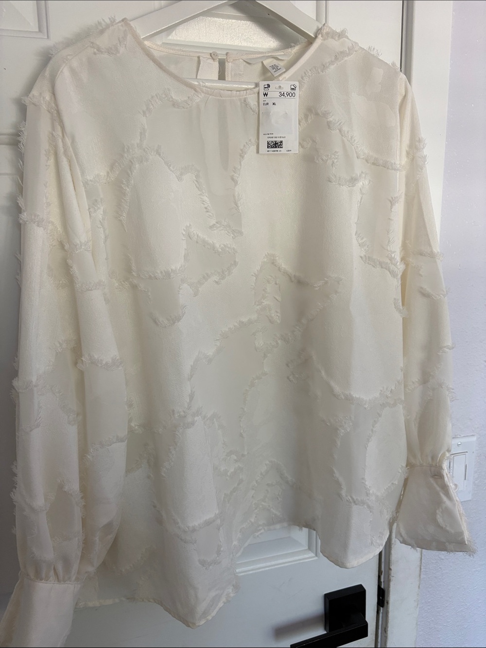 H&M Cream Frayed-Pattern Long-Sleeve Blouse